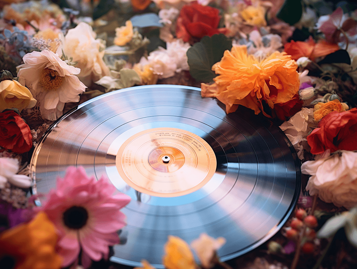 AI generated: disposable photography of colorful LP vinyl with flowers, 8k, photo realism, --ar 4:3
