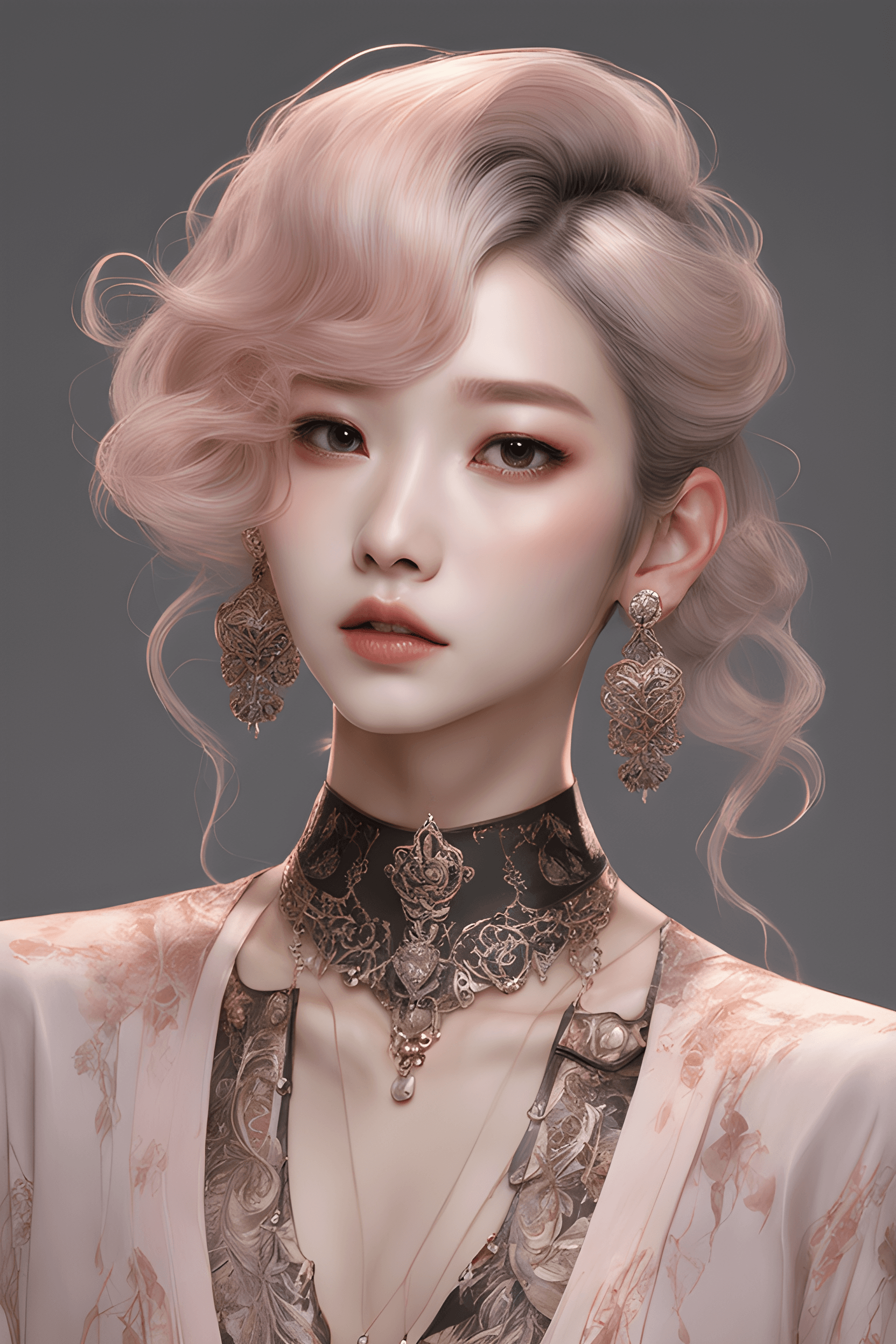 AI generated: face of a woman in a dark studio,
long lashes, earrings, hair accessories, blush,
necklace, intric...