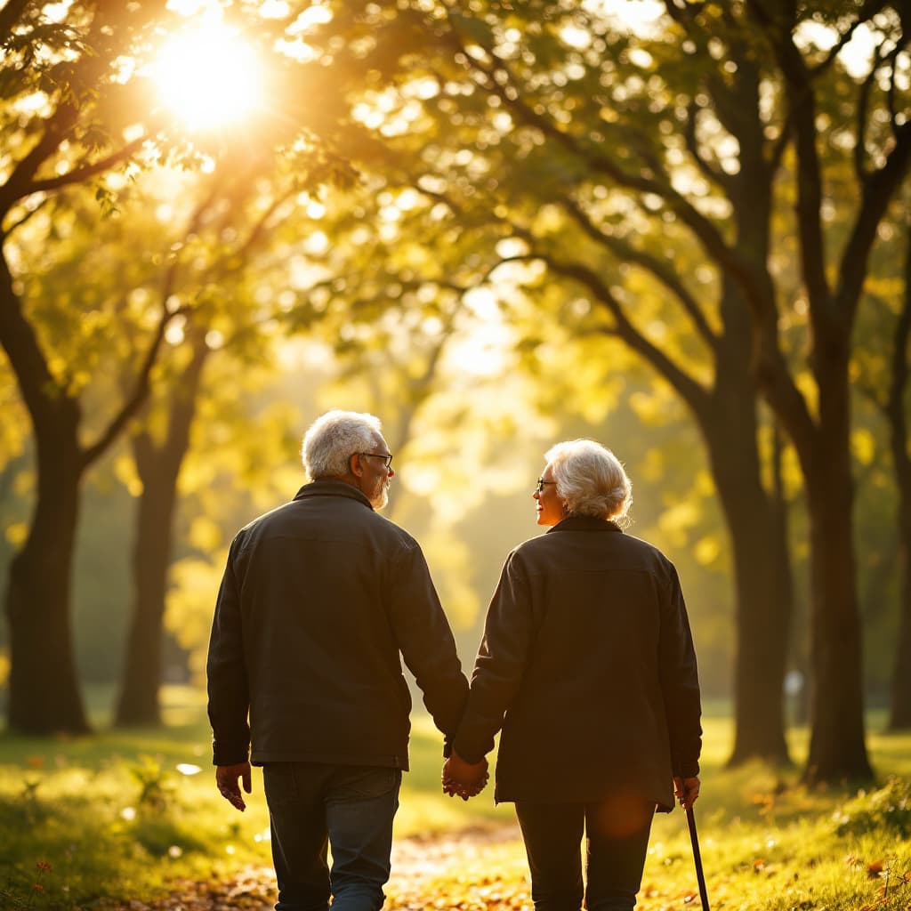 AI generated: A black older couple walking holding hands in Central Park sun blaring down in their faces
