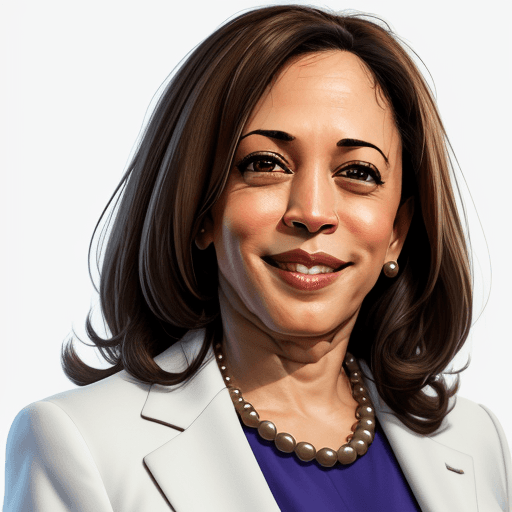 AI generated: cartoon kamala harris headshot, looking into camera, white background, smiling, 4K, wearing a cream ...