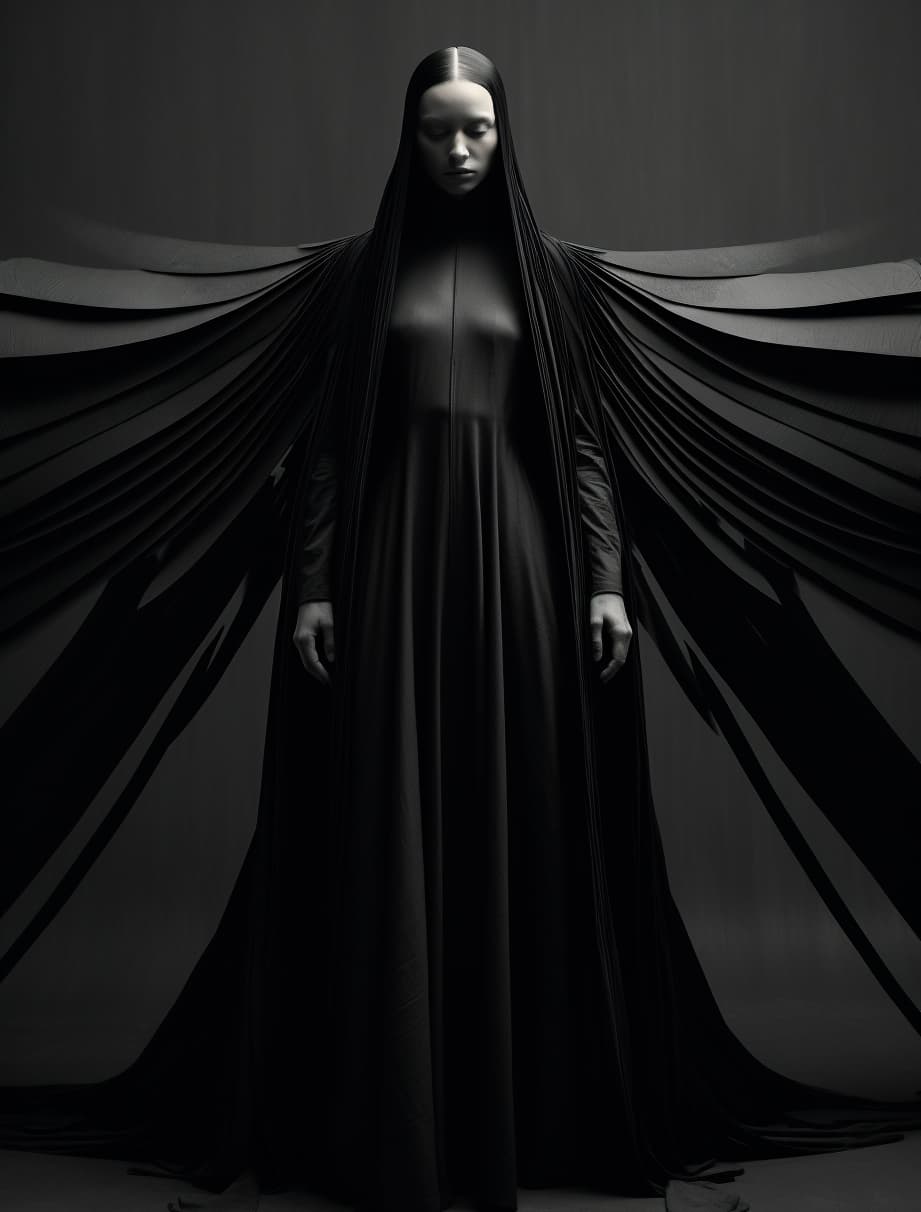 AI generated: a black and white photo of a woman in a dress, rick owens, dramatic magic floating pose, editorial s...