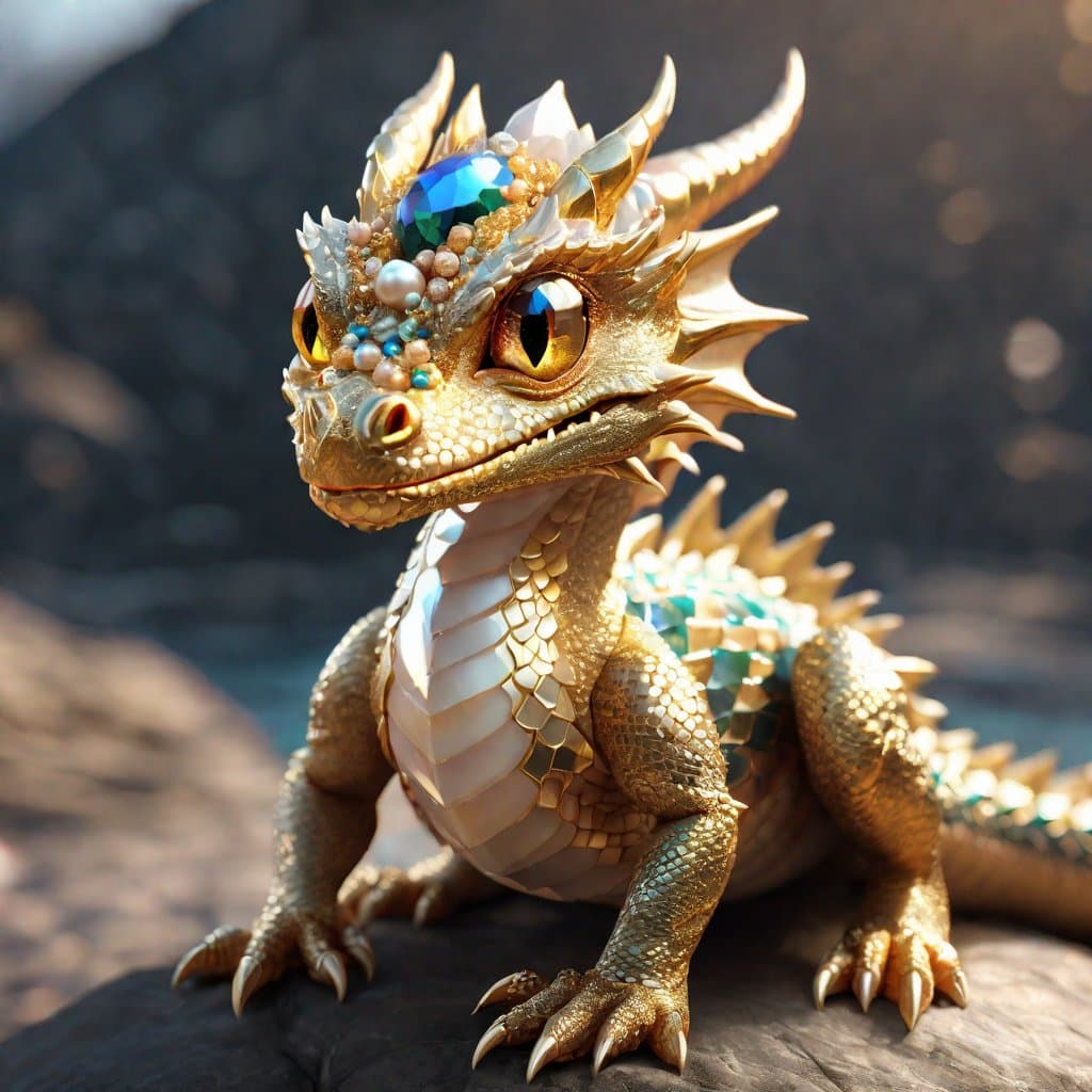 AI generated: a beautiful portrait of a majestic hatchling dragon offering a pearl to the viewer, glowing gem, pur...