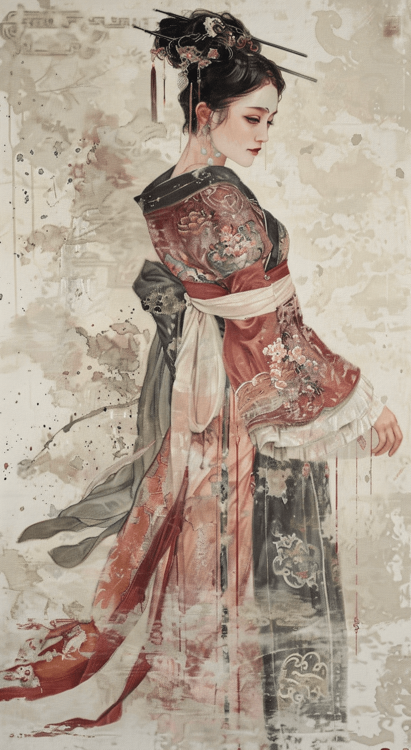 AI generated: Gongbi painting of a woman dressed in traditional Chinese clothes, in the style of Song Dynasty, sof...