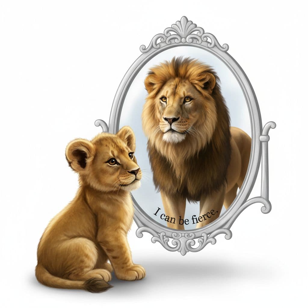AI generated: A small, adorable lion cub with soft golden fur sits in front of an elegant oval mirror. The cub gaz...