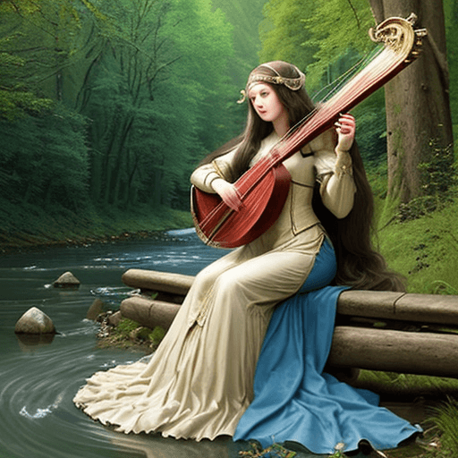 AI generated: a beautiful long hair medieval lady, full body, paying harp by the river in the forest