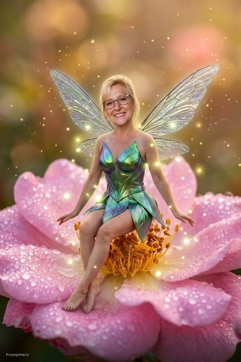 AI generated: a professional color photo of a exceptionally of the most beautiful tinker-bell (age 50 in the world...