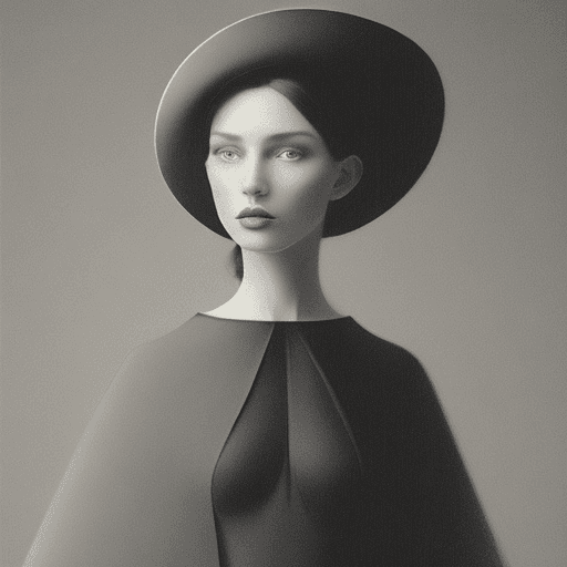 AI generated: a woman in a black dress is wearing a big hat to the right, in the style of clever use of negative s...