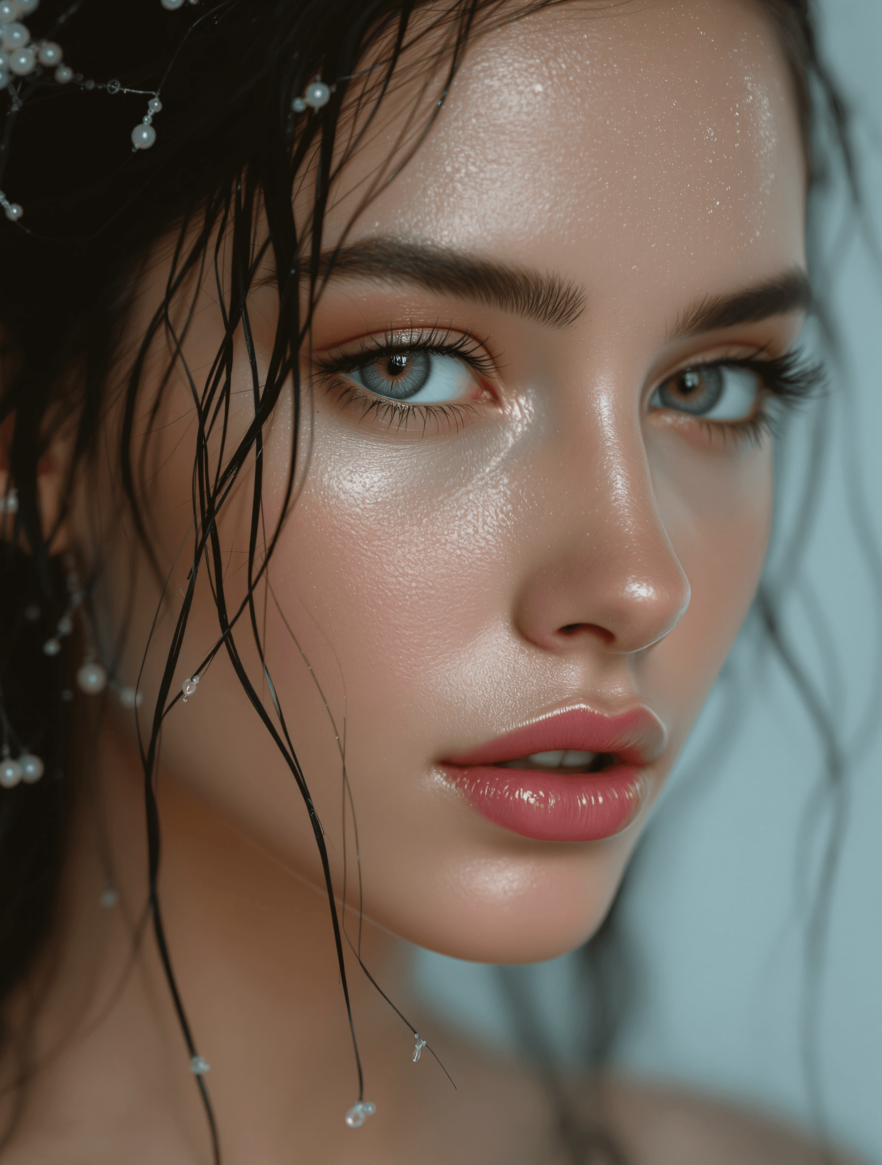 AI generated: A **close-up portrait of a young woman**, her **wet, dark hair clinging to her skin**, adorned with ...