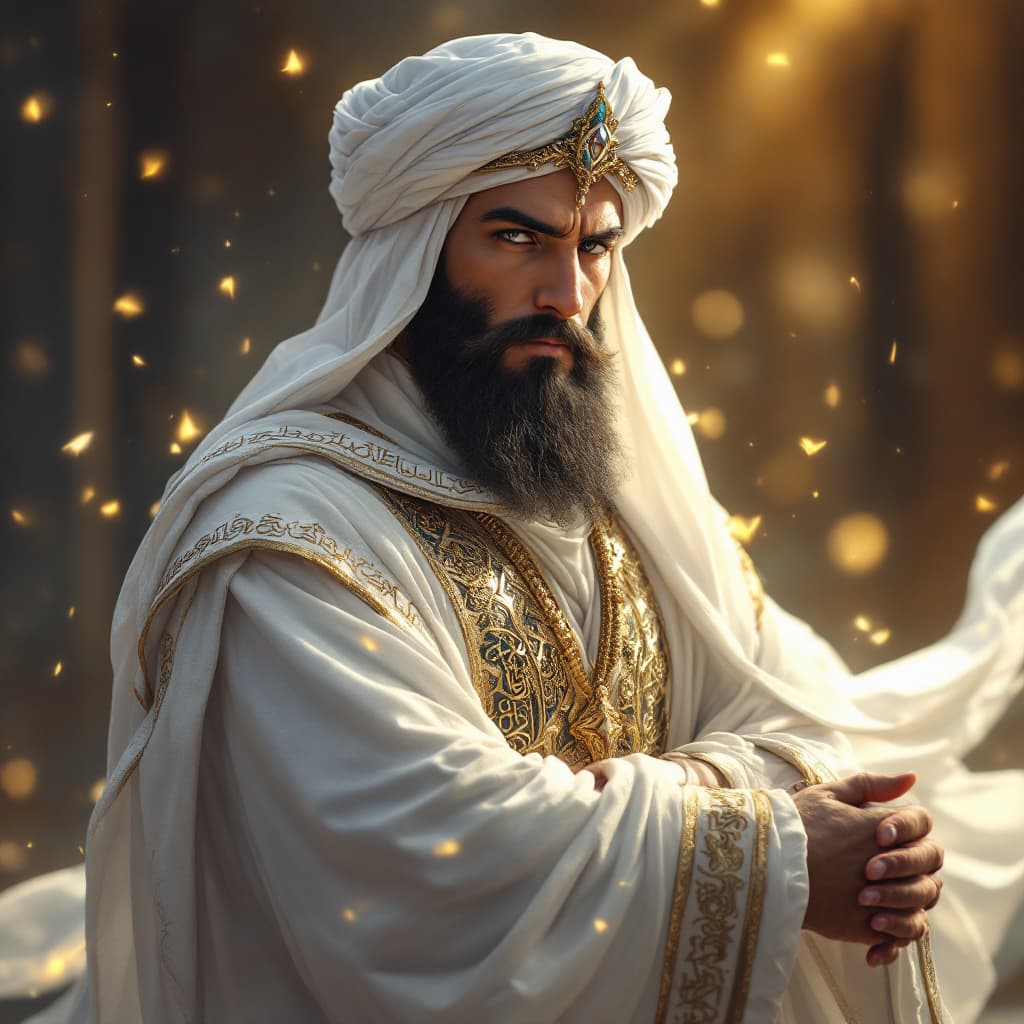 AI generated: A majestic Islamic warrior scholar, wearing a flowing white and gold robe adorned with intricate Ara...