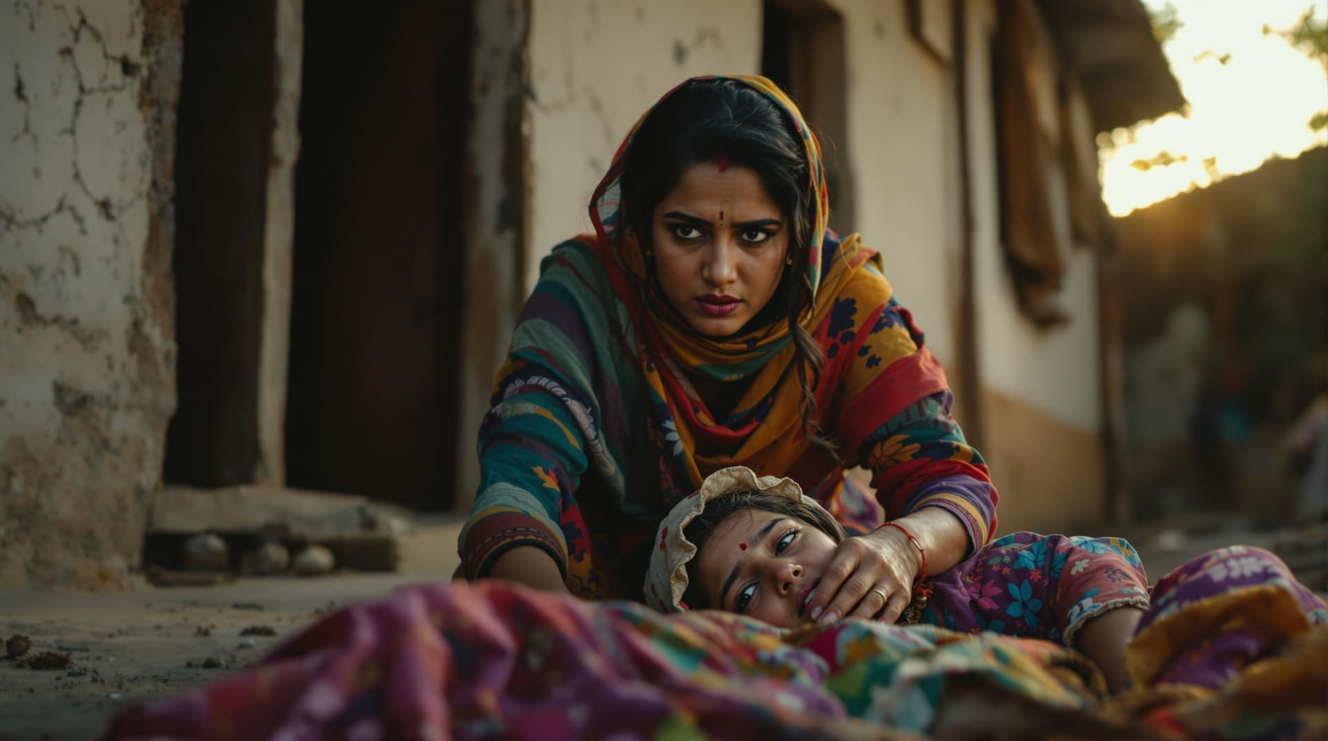 AI generated: A 25-26-year-old woman, Rabia, with a stern and authoritative expression, standing over a young girl...