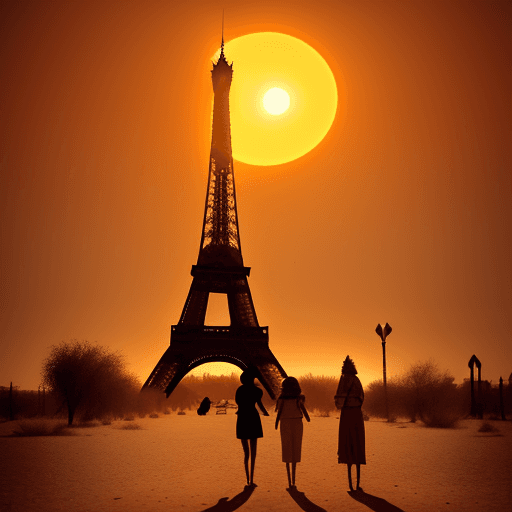 AI generated: Photo of tour eiffel in damaged desertic town whit sable and à red sun and some coyote 