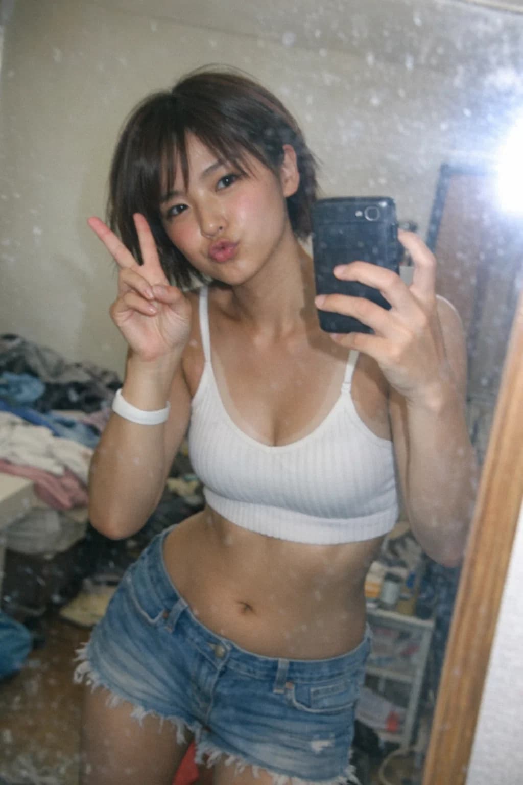 AI generated: (SORA)
A completely ordinary iPhone selfie in front of a full-length mirror, a quick snapshot taken ...