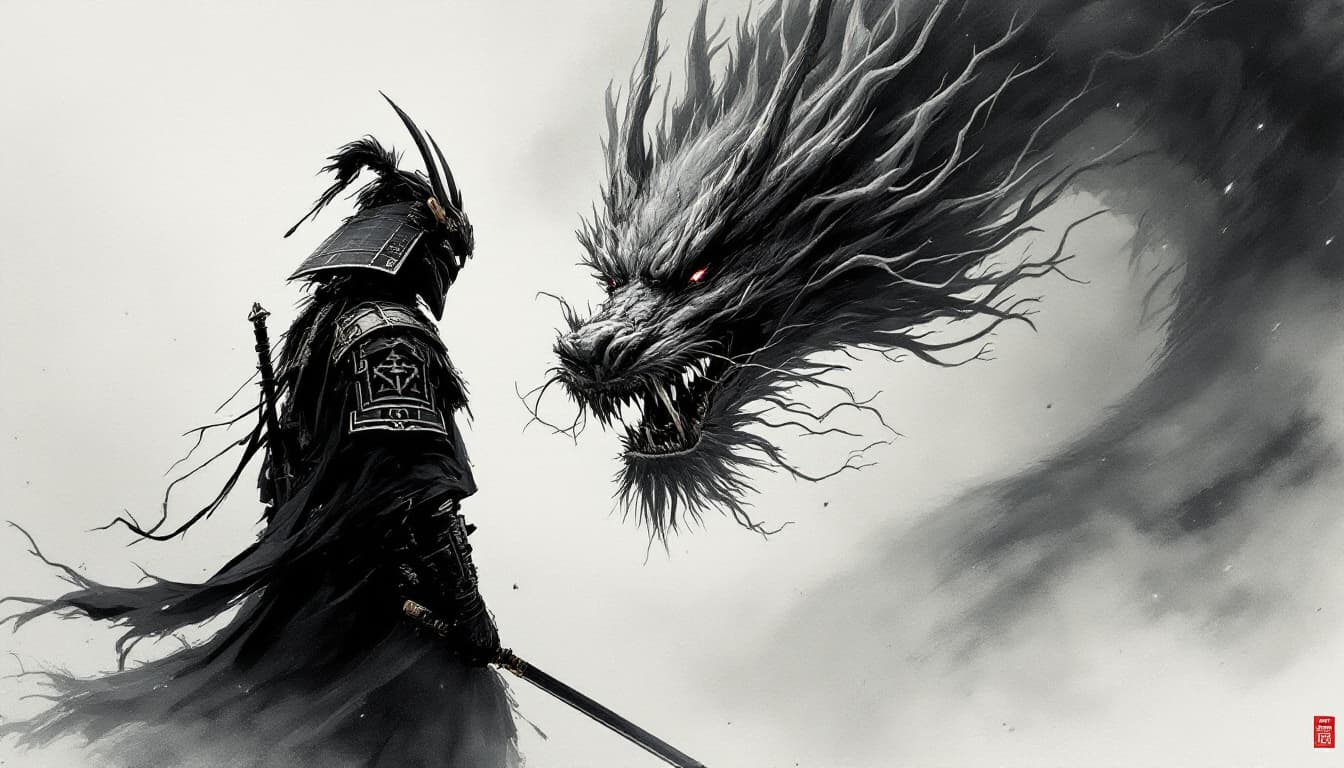 AI generated: japanese samurai in front of a dragon, in the style of minimalist ink wash, 2d game art, witchcore, ...