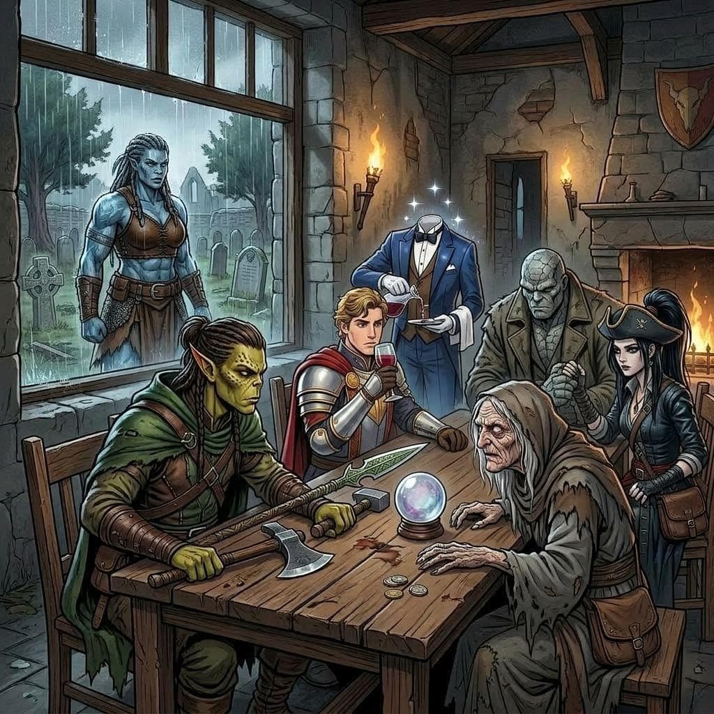 AI generated: a male githzerai fighter keeps an eye on an old blind hag and points his elven spear at her, as he s...
