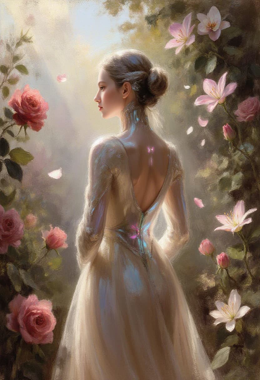 AI generated: An android, her form a masterpiece of Renaissance grace, stands amidst a sun-kissed garden, a vision...