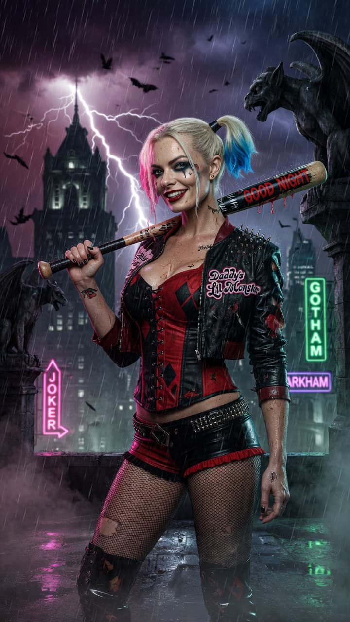 AI generated: "Hyper-realistic cinematic portrait of Jaime Pressly as Harley Quinn, standing confidently on a rain...