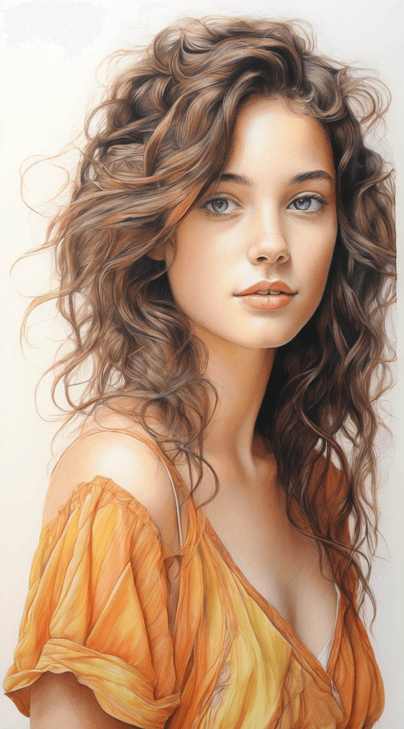 AI generated: A confident young woman with long curly brown hair, blue eyes, and a gentle smile wears an off-shoul...