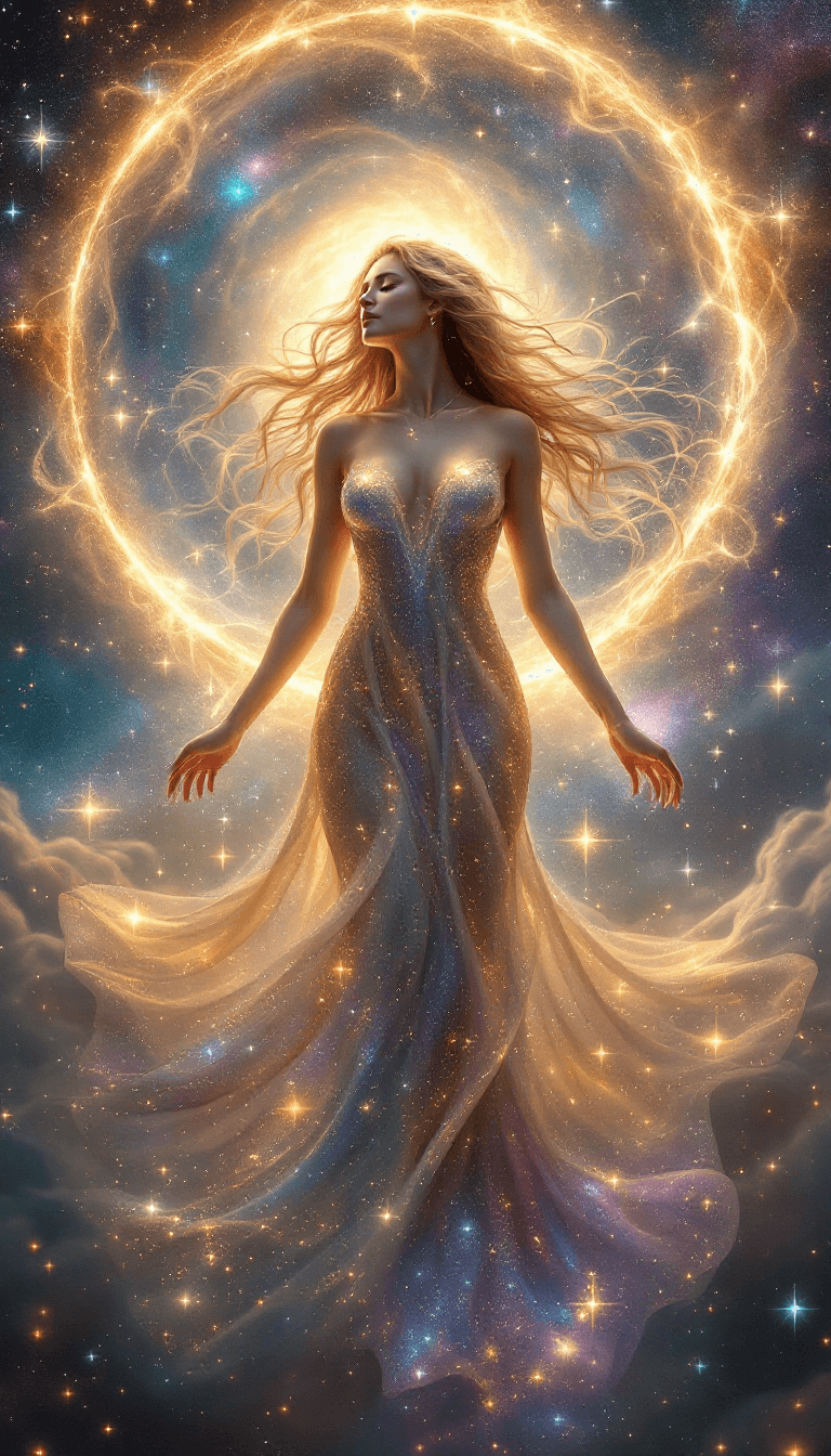 AI generated: A breathtaking celestial goddess standing gracefully in the heart of the cosmos.