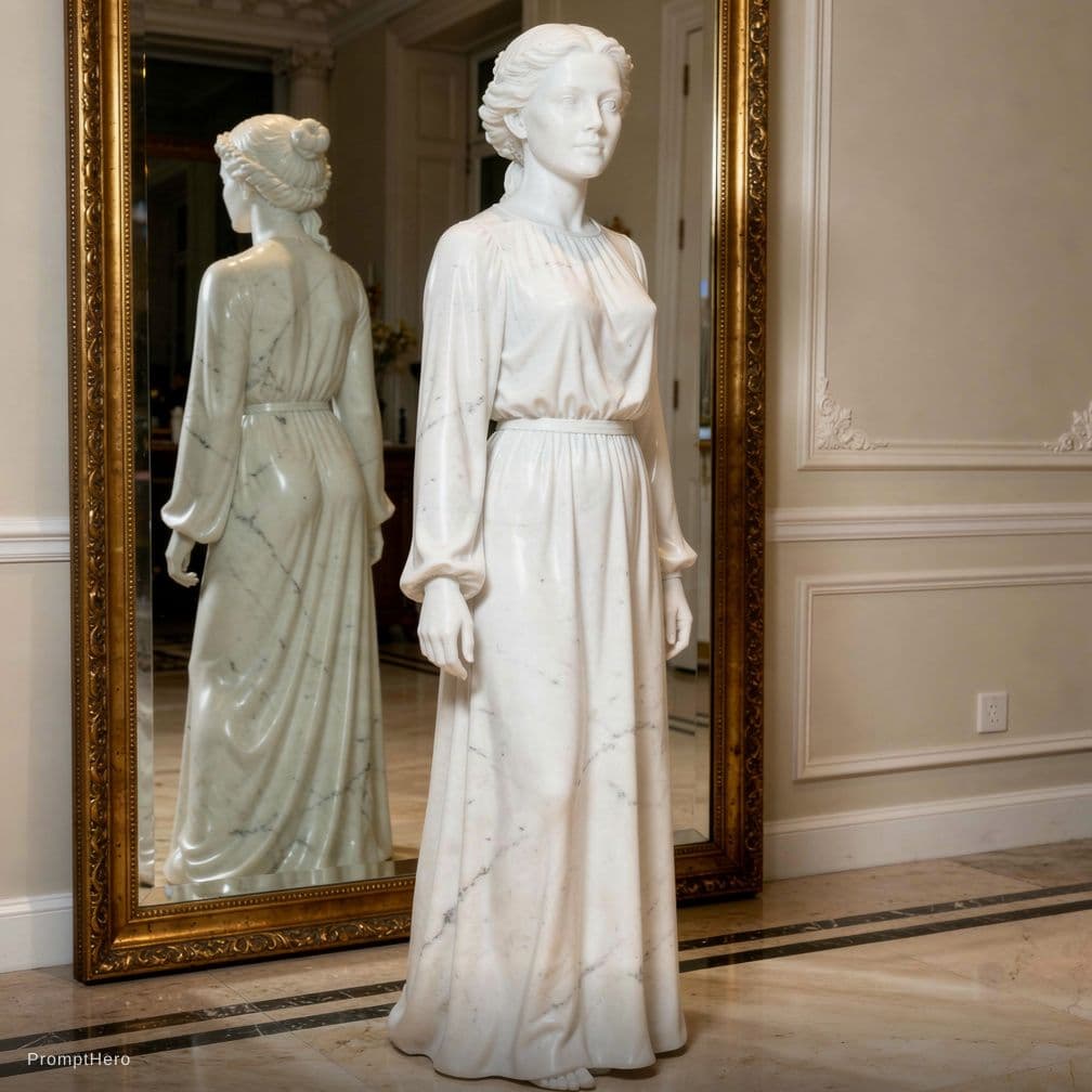 AI generated: a woman in a white dress standing in front of a mirror, a marble sculpture by Saul Yaffie, trending ...