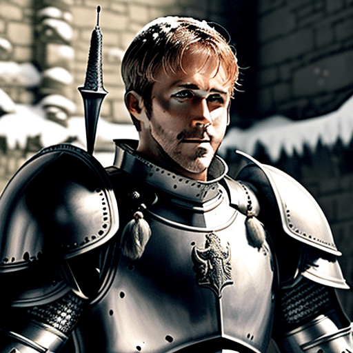 AI generated: Ryan Gosling A white male muscular armored Knight  in the snowy castle walls . He has a special plat...