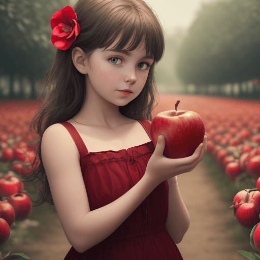 AI generated: a girl holds an apple. the apple is red in color. the girl says it is good. cinematic. 8k. the backg...