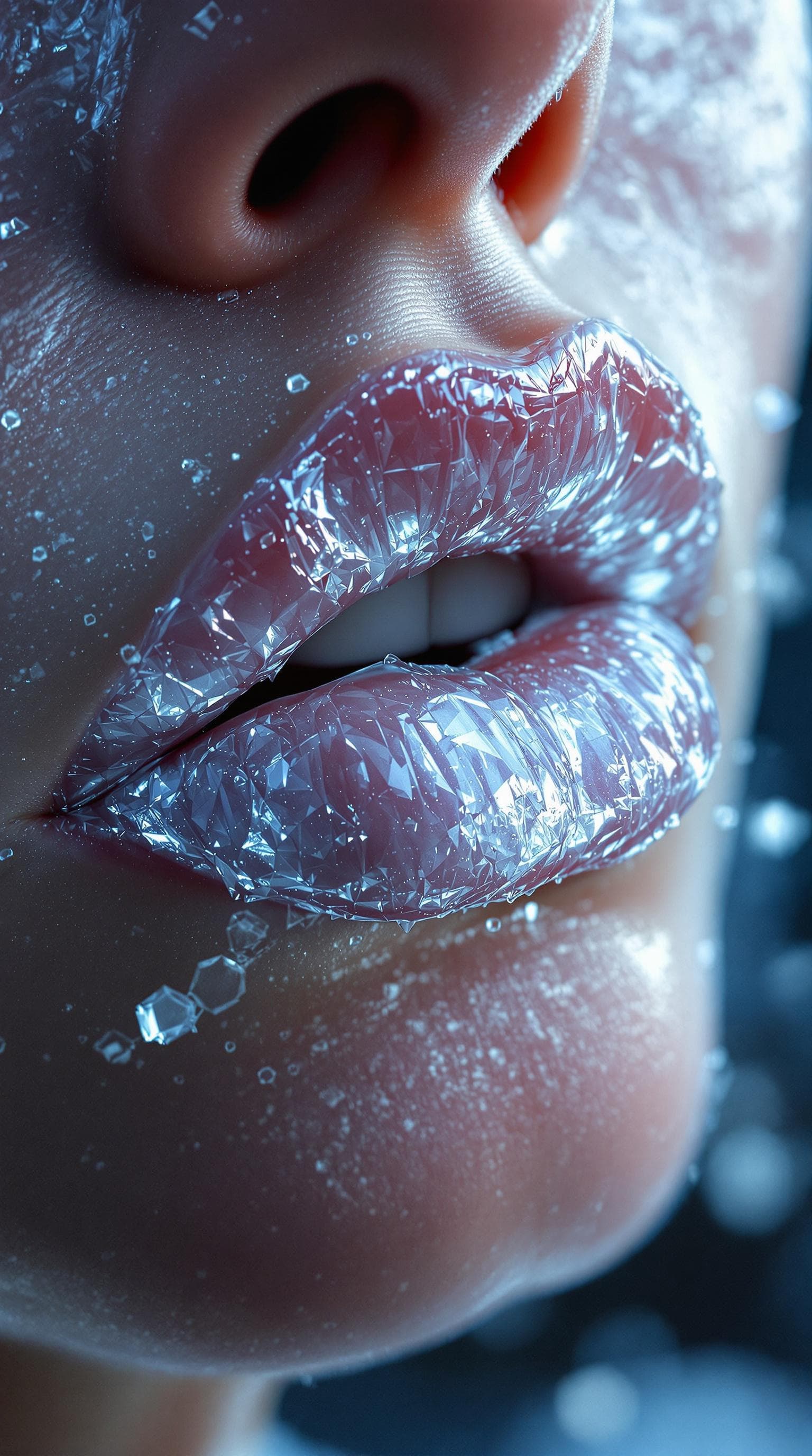 AI generated: Ultra- realistic image: the skin of women's lips as frozen ice. The surface and structure of the lip...