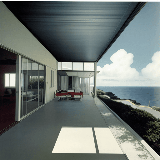AI generated: Hyper realistic eye level exterior photo of a mid century modern style house overlooking the ocean, ...