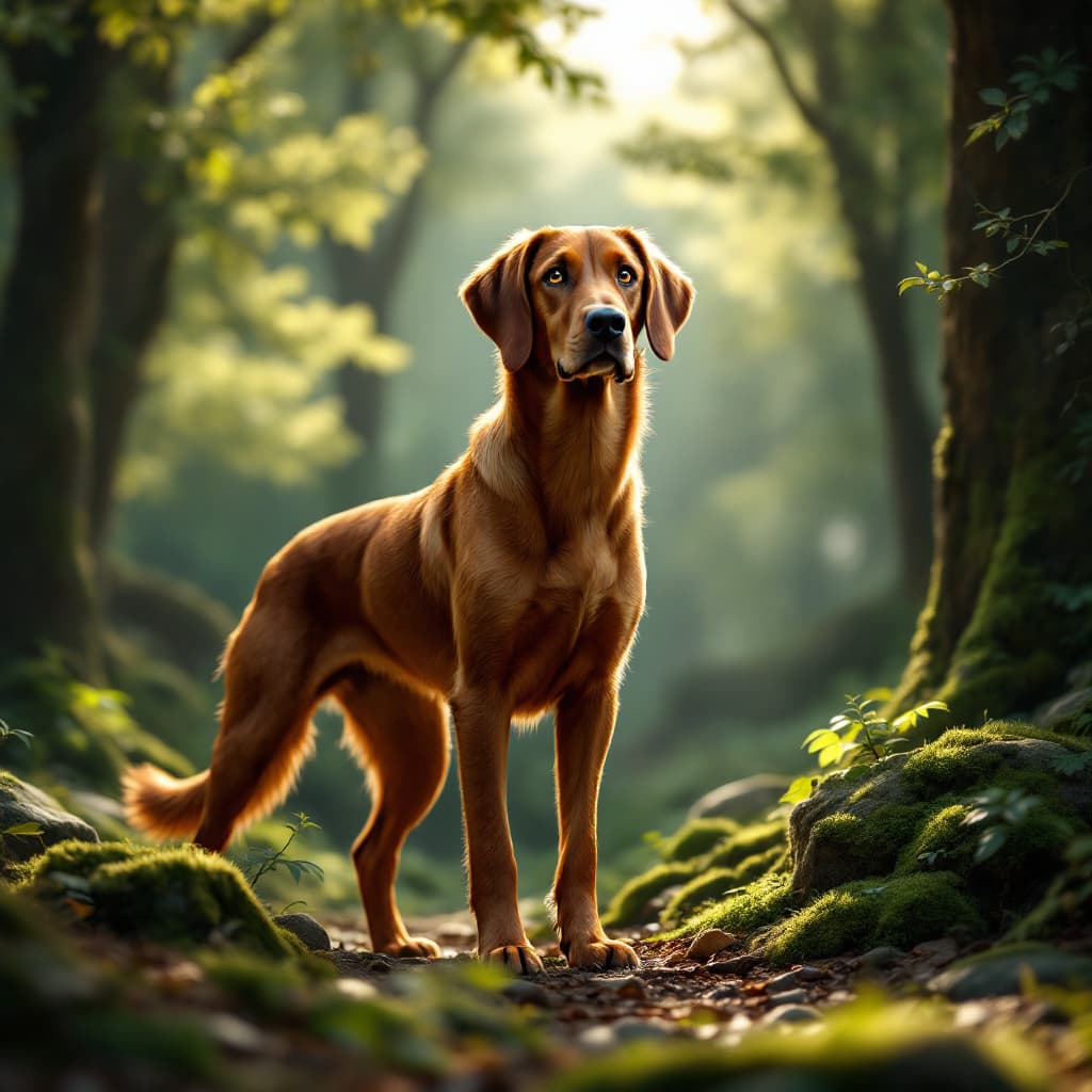 AI generated: A photorealistic depiction of a Bavarian Mountain Hound standing in a dense forest, its sleek reddis...