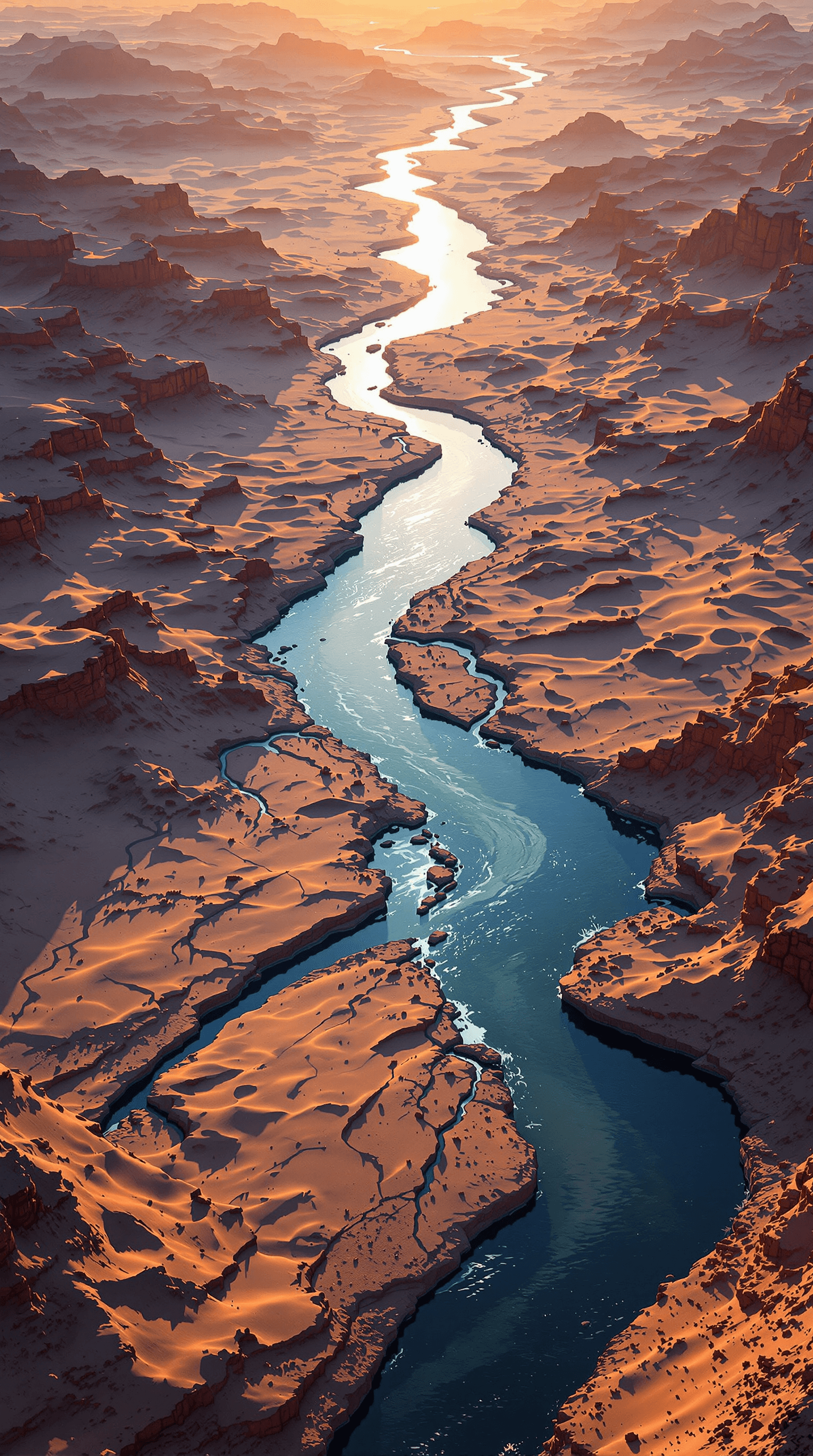 AI generated: A photorealistic image with a top-down view of a river system with a few tributaries flowing between...