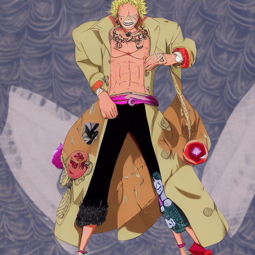 AI generated: Doflamingo, one piece, anime art style, wearing stilettos, wearing boa coat, kicking