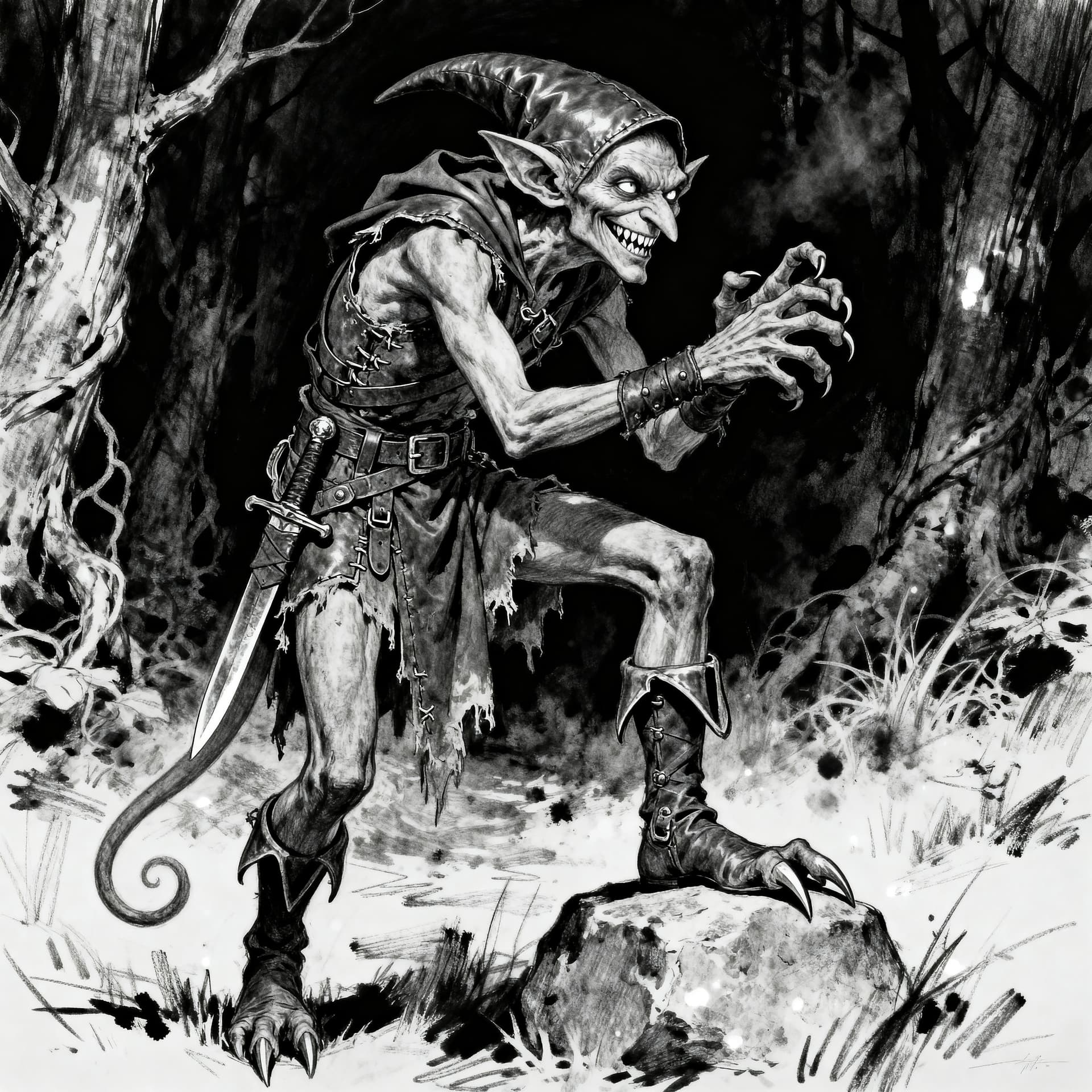 AI generated: A highly detailed black-and-white dark fantasy illustration rendered in charcoal and graphite, verti...