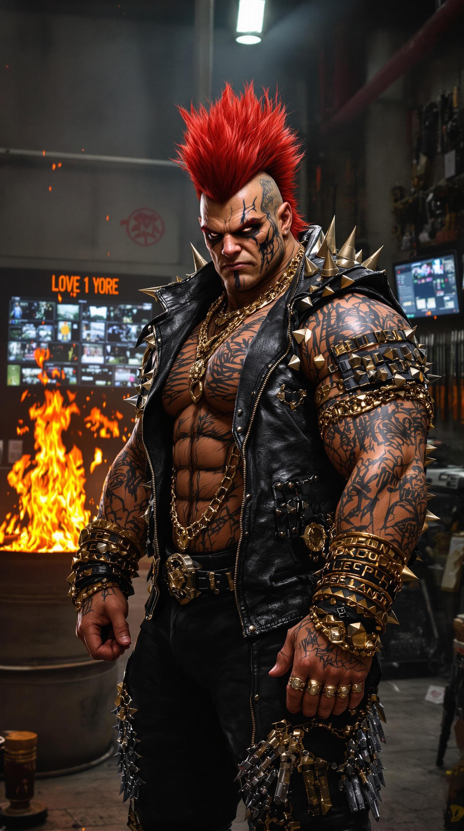 AI generated: A hyper-realistic portrait of a menacing crime boss inspired by Bowser; hulking muscular man with in...