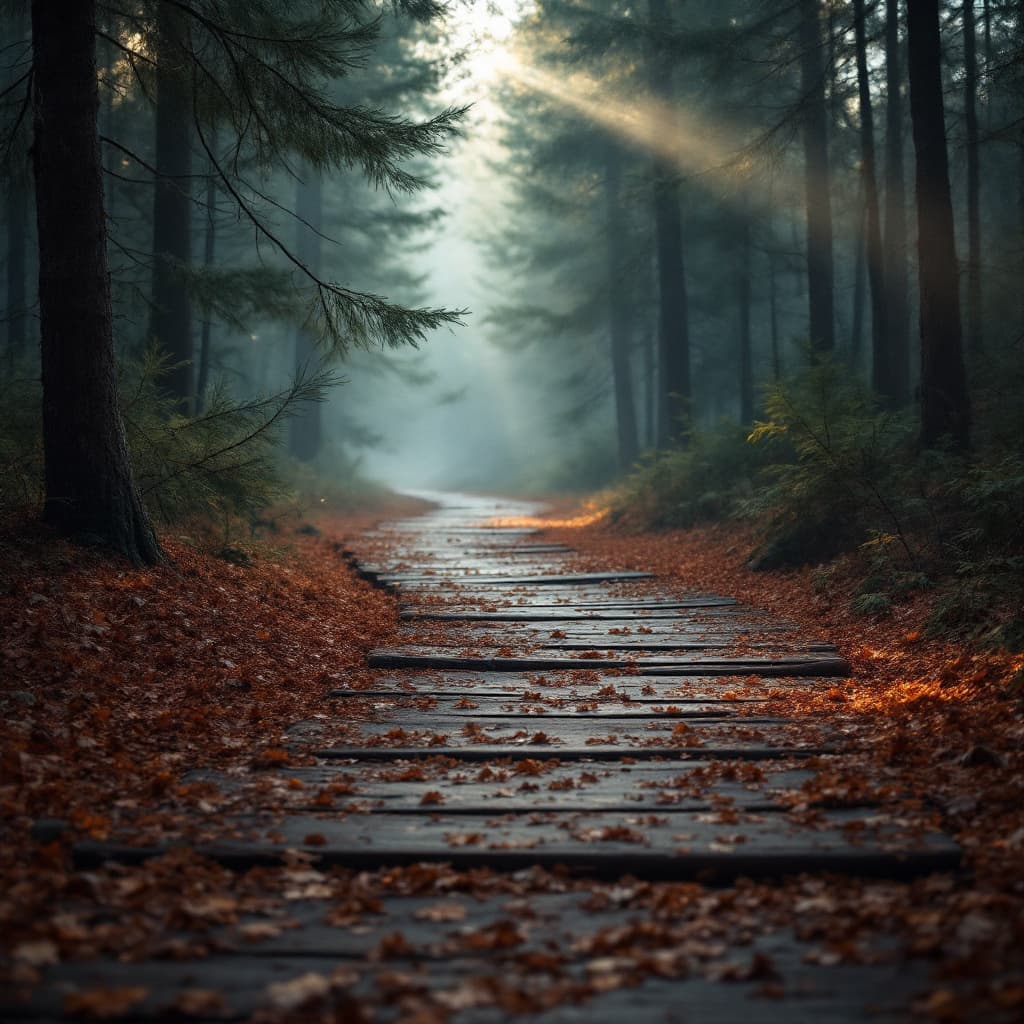 AI generated: 18.	"Wooden path covered in fallen pine needles, cinematic lighting"