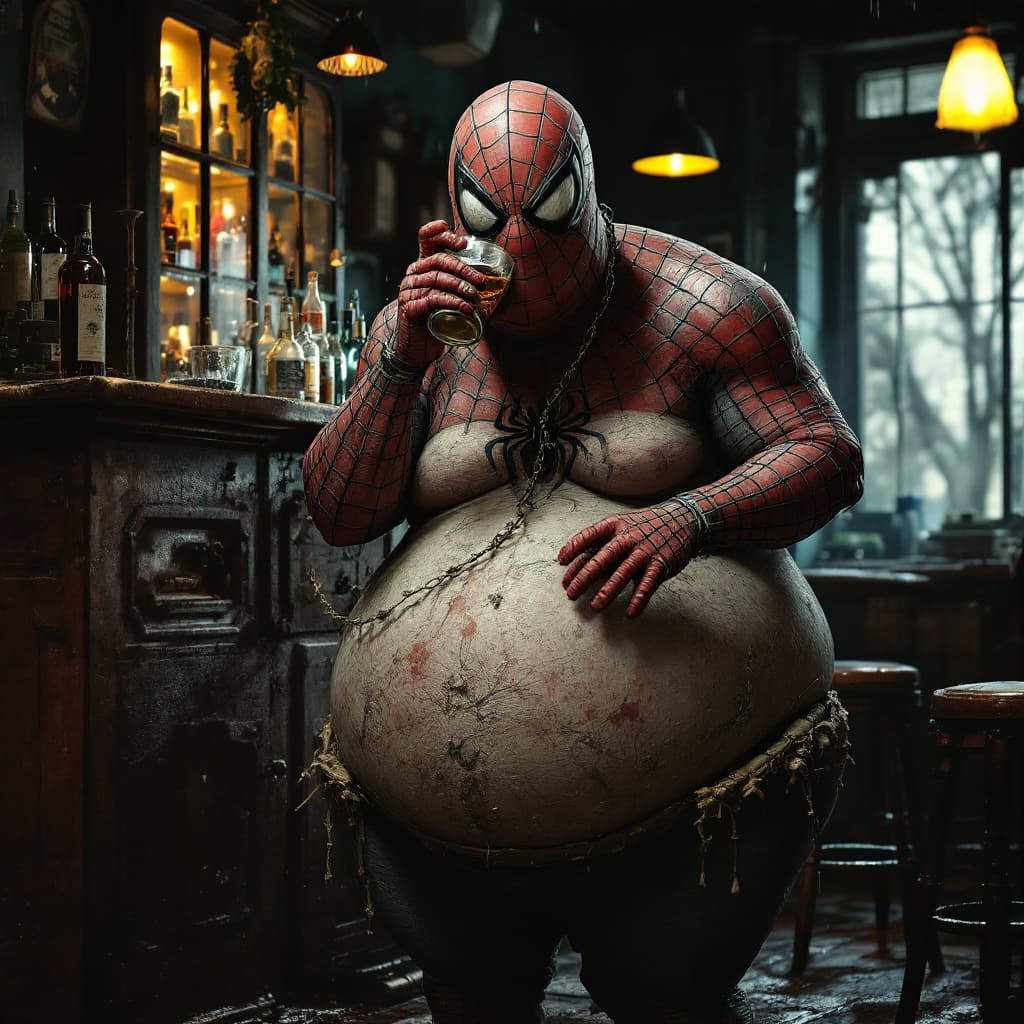 AI generated: {lonley, fat, old spiderman}, costume old, mold humid, drinking bar scotch, front view, hyper realis...