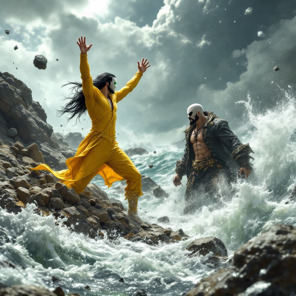 AI generated: The scene is set in the midst of a turbulent ocean, where waves crash violently against the shore. O...