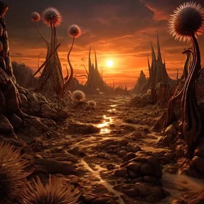 AI generated video: The camera moves along the surface of An alien landscape, a slight wind blows the alien plants 