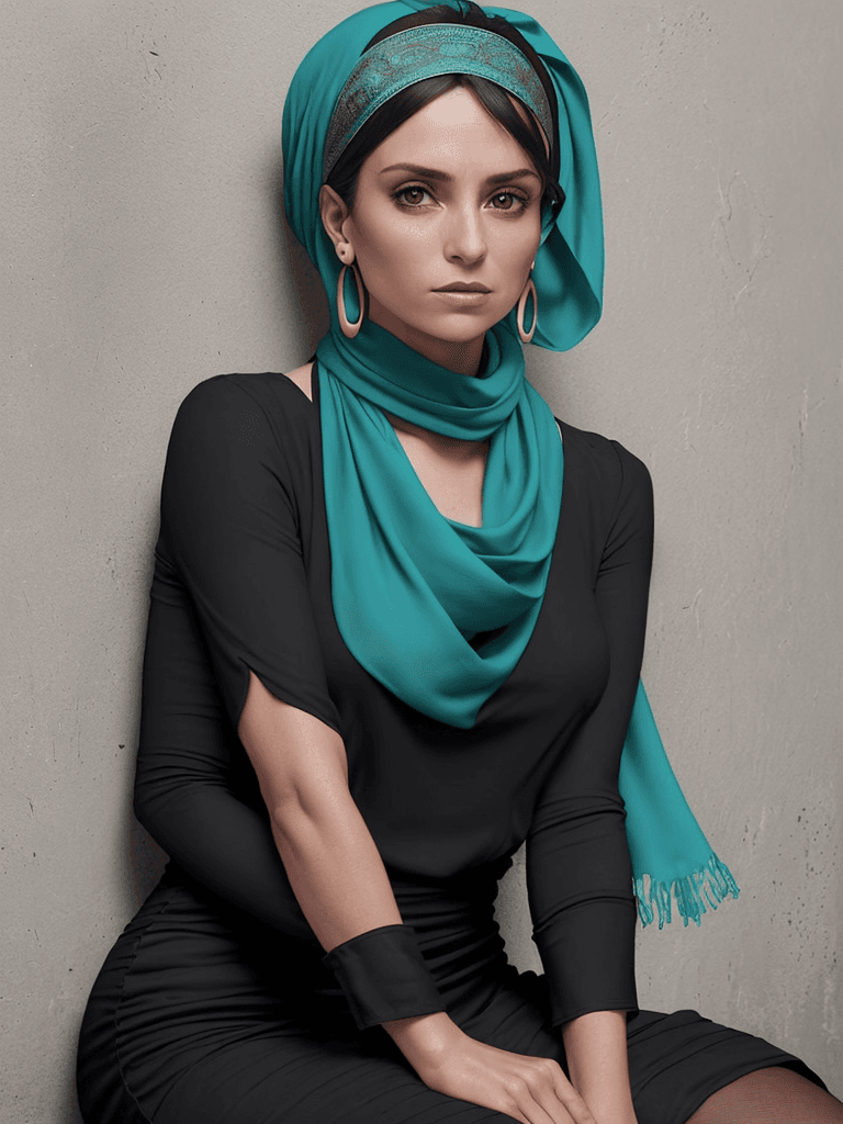 AI generated: The image features a woman wearing an tosca scarf, which is wrapped around her head. She is sitting ...