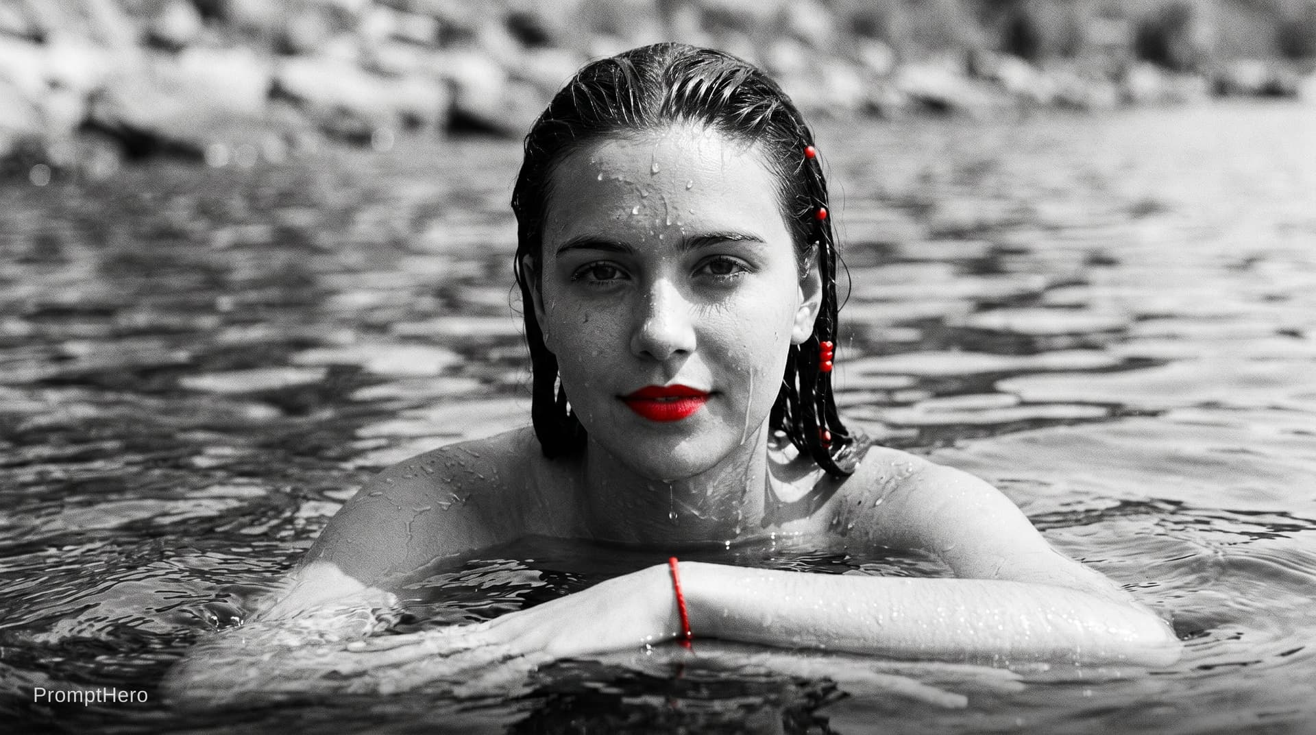 AI generated: photo of a woman in the water, black and white with pops of color, frameless, freya, droplets, magaz...