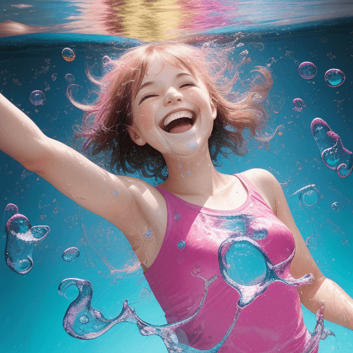 AI generated: a girl, laughing, surrounded by  colorful water bubbles