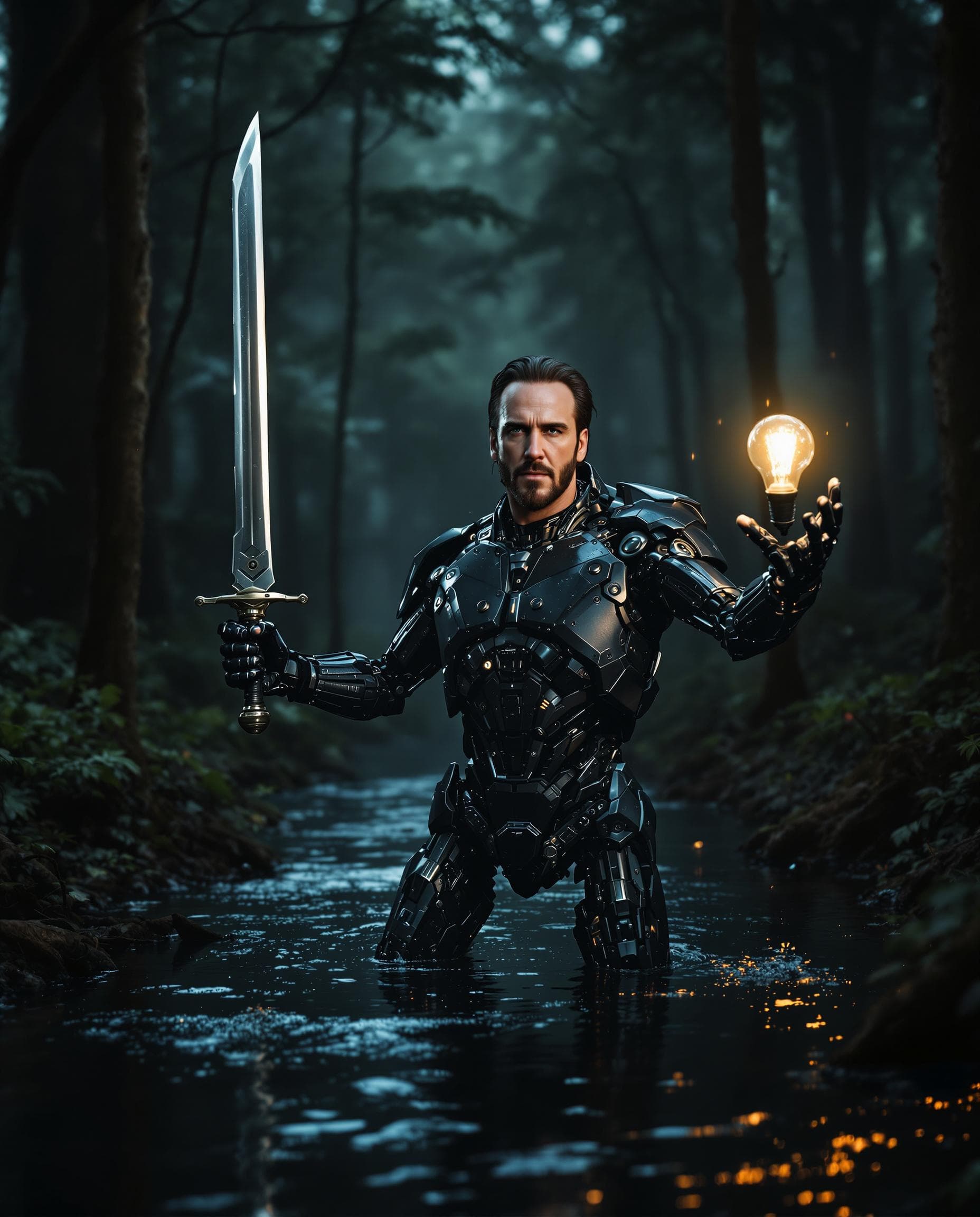 AI generated: The real photo is of a American powerful man Nicolas Cage, with a futuristic cybernetic robot body, ...