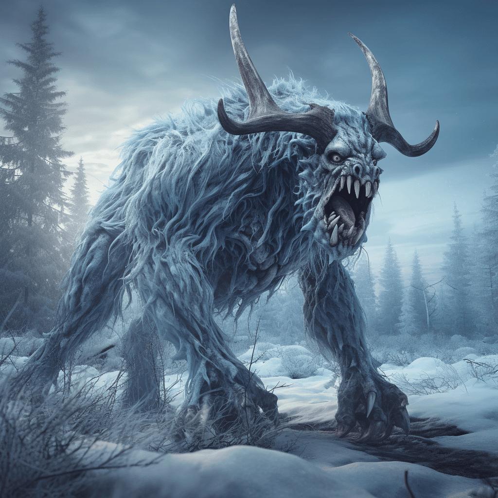 AI generated: scary horned ogre, 20 meter tall, full body, blue eyes, frozen taiga forest with blue mushrooms on t...