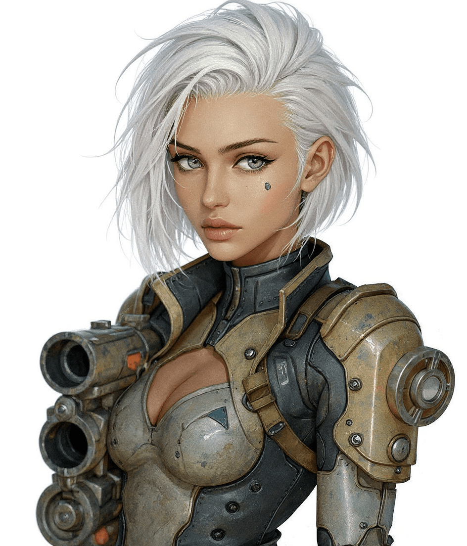 AI generated: Young beautiful redneck soldier woman, with white hair, grey eyes, with and futuristic clothing, ins...
