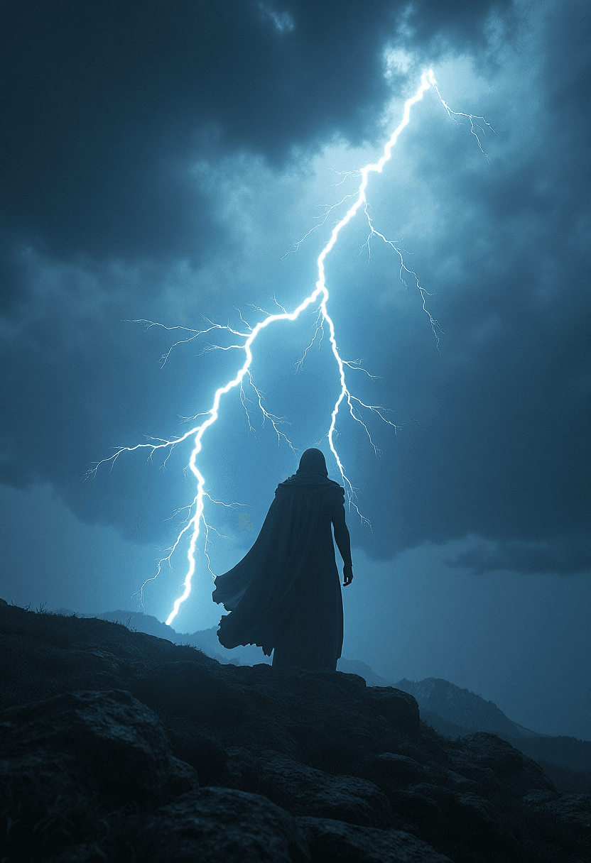 AI generated: Prompt: A dramatic scene featuring a god of thunder, depicted as an imposing figure standing amidst ...