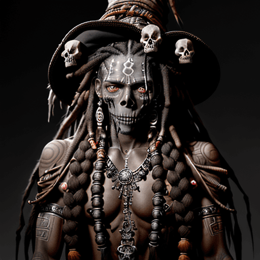 AI generated: Artistic male witch doctor, shaded brown skin, long dreadlocks, torn witch doctor clothing, artistic...