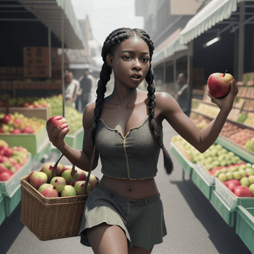 AI generated: Black girl with braids holding apples runs from people chasing her through the market, hyper-realism...