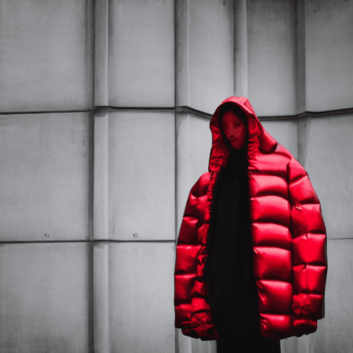 AI generated: well lit fashion shoot portrait of handsome man statue wearinga red inflatable oversized bubble puff...