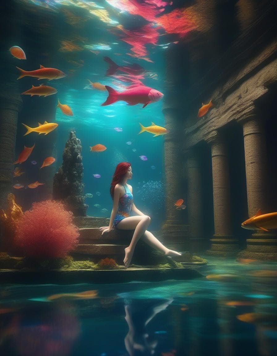 AI generated: epic wonderful colourful underwaterworld,mystique,ancient ruins,mermaids,air bubbles,dynamic lights,...