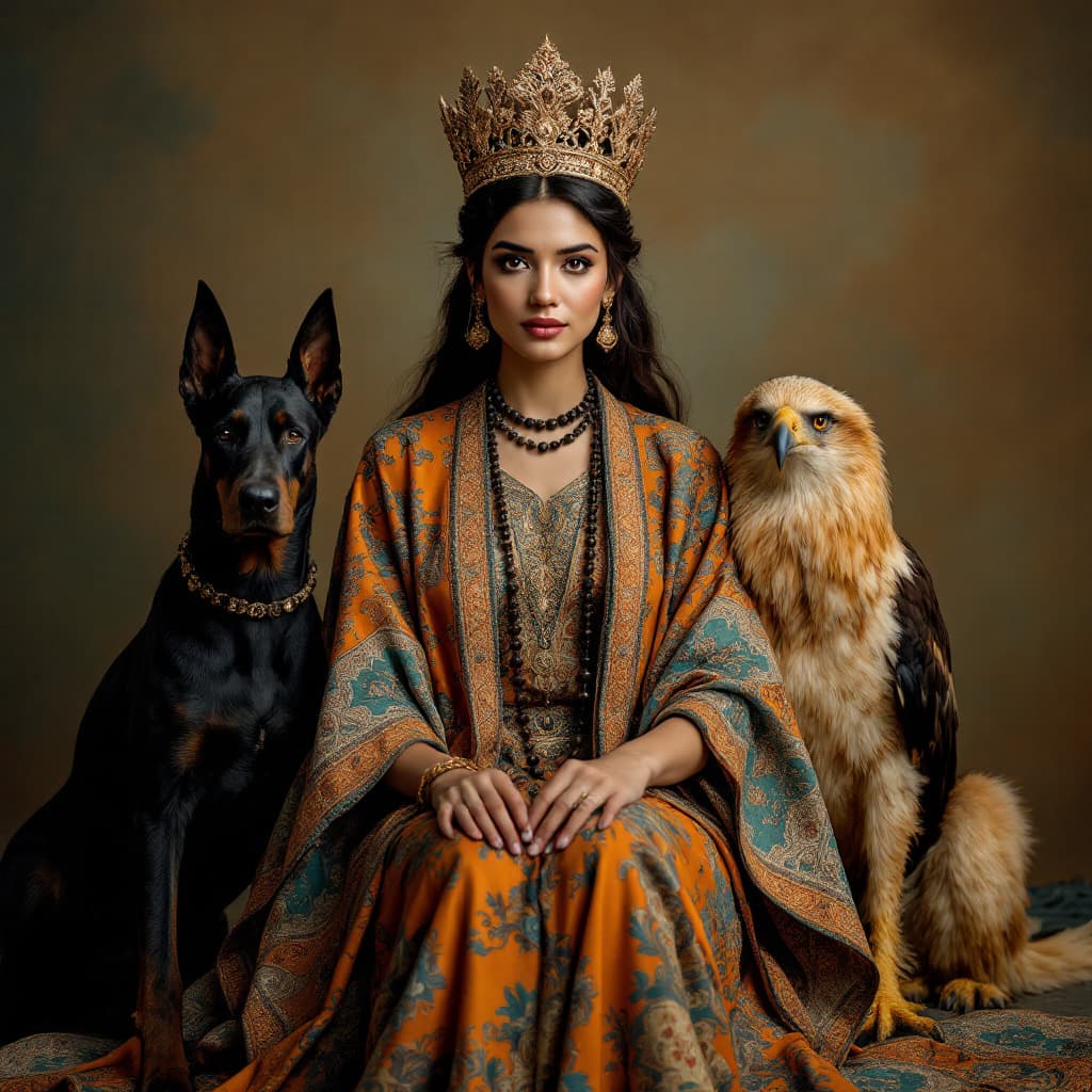 AI generated: 
A woman, centrally positioned, is adorned with a crown and elaborate, patterned clothing.  The woma...