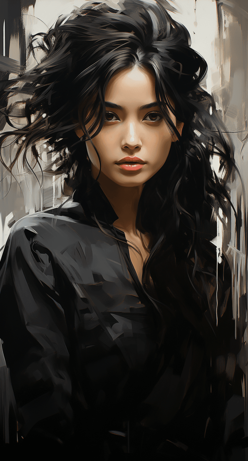 AI generated: a black and white painting of an asian girl with her hair up, in the style of soft brushstroke reali...