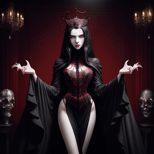 AI generated: masterpiece, best quality, 1girl,  black hair, medium hair, red eyes, queen girl spider, scary head ...